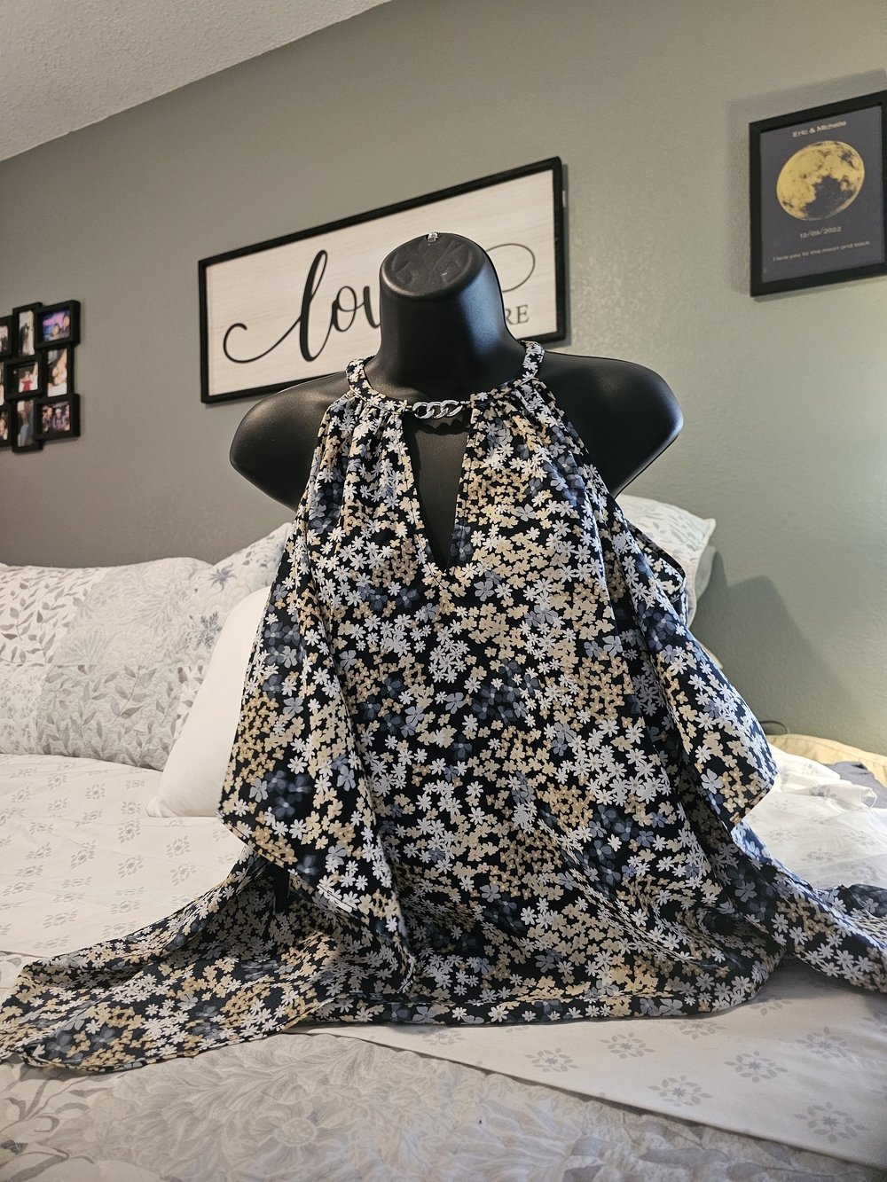 Black Floral Cold Shoulder Top with Chain Detail